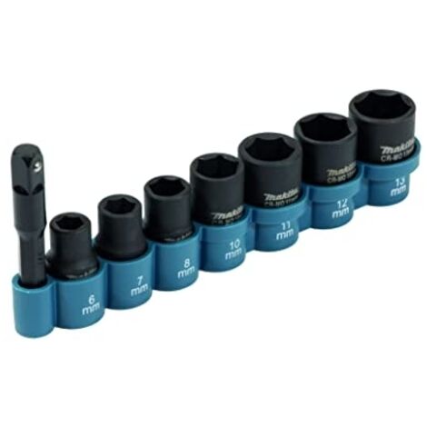 Makita – Set de douilles 1/4' 8 pièces E12289 – Acier haute qualité – Finition chromée – Tailles 6 à 13 mm – Adaptateur 1/4 hexagonal vers 1/4 carré - S605592
