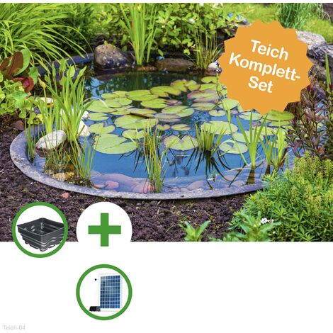 TEICH SET KLEINER MODERNER SOLAR FERTIGTEICH 70 LITER BECKEN MIT