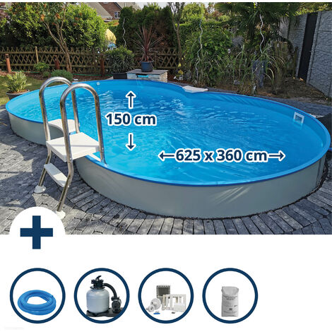 Stahlwandpool Set achtform Cannes 625x360x150cm, Stahl 0,8mm weiß, Folie 0,6mm blau, Einhängebiese (1/5)