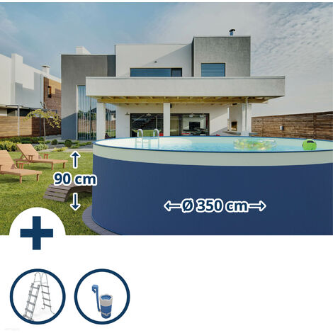Stahlwandpool Set (3-teilig) rund 350x90 cm, Stahl 0,3 mm anthrazit, Folie 0,2 mm sand, overlap (1/5)