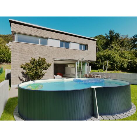 Stahlwandpool achtform 650x420x120 cm, Stahl 0,4 mm anthrazit, Folie 0,4 mm sand, Einhängebiese