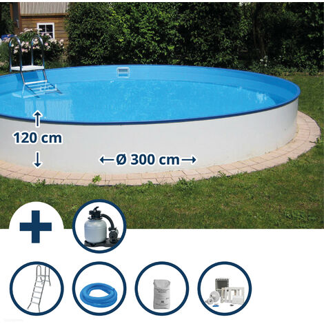 Stahlwandpool Set (7-teilig) halbhoch rund Brasilia 300x120 cm, Stahl 0,6 mm weiß Folie 0,6 mm blau (1/5)