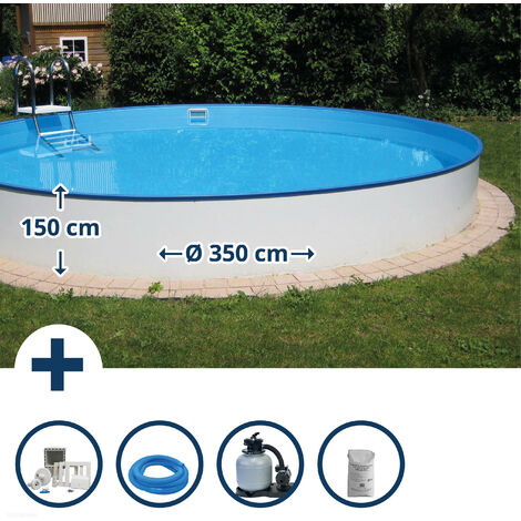 Stahlwandpool Set (6-teilig) hoch rund Bahrain 350 x 150 cm, Stahl 0,8 mm weiß Folie 0,6 mm blau