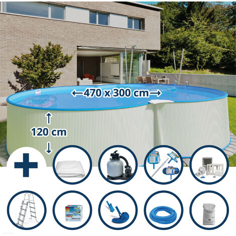 Stahlwandpool Set (12-teilig) hoch achtform 470 x 300 x 120 cm, Stahl 0,4 mm weiß Folie 0,4 mm blau (1/5)
