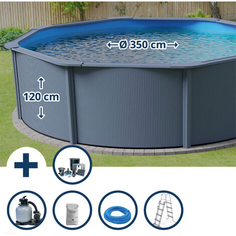 Stahlwandpool Set (5-teilig) hoch rund Classic 360 x 120 cm, Stahl 0,45mm anthrazit Folie 0,3mm blau (1/5)