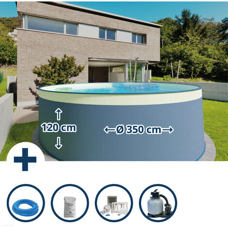 Stahlwandpool Set (5-teilig) rund 350 x 120 cm, Stahl 0,4 mm anthrazit Folie 0,3 mm sand