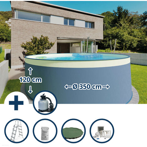 Stahlwandpool Set (6-teilig) hoch rund 350 x 120 cm, Stahl 0,4 mm anthrazit Folie 0,3 mm sand