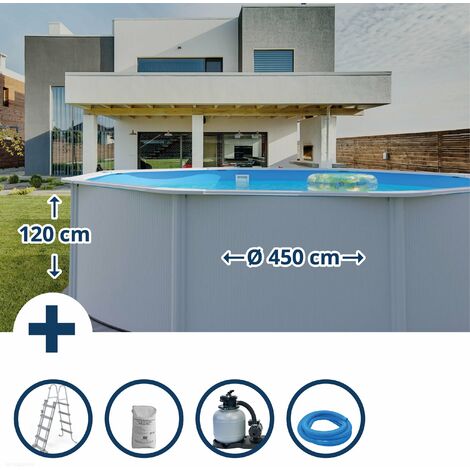 Stahlwandpool Set (5-teilig) hoch rund Classic 450 x 120 cm, Stahl 0,4 mm weiß Folie 0,3 mm blau (1/5)