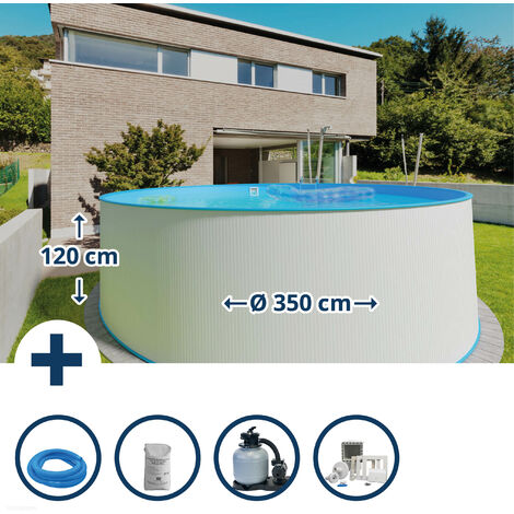 Stahlwandpool Set (6-teilig) hoch rund Malibu 350 x 120 cm, Stahl 0,4 mm weiß Folie 0,4 mm blau (1/5)
