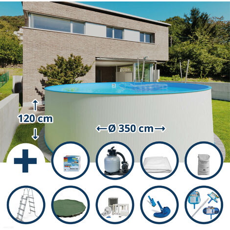 Stahlwandpool Set (10-teilig) hoch rund 350 x 120 cm, Stahl 0,4 mm weiß Folie 0,4 mm blau (1/5)