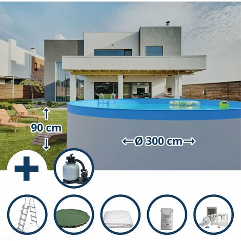 Stahlwandpool Set (7-teilig) hoch rund 300 x 90 cm, Stahl 0,3 mm weiß Folie 0,2 mm blau