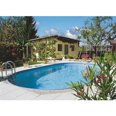 Stahlwandpool oval Exklusiv 800x420x120 cm, Stahl 0,6 mm weiß, Folie 0,6 mm blau, Einhängebiese