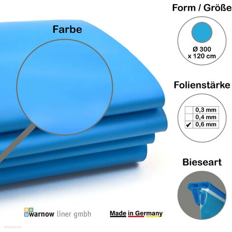 Premium Poolfolie für Rundpool, 300 cm x 120 cm, Stärke: 0,6 mm, blau, Keilbiese