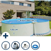 Stahlwandpool Set (6-teil) hoch achtform Montevideo 470x300x120cm, Stahl 0,4mm weiß Folie 0,4mm blau