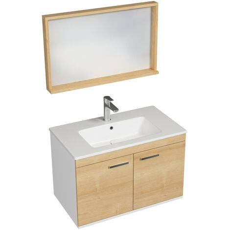 RUBITE Meuble salle de bain simple vasque 2 portes chêne clair largeur 80 cm + miroir cadre (1/4)