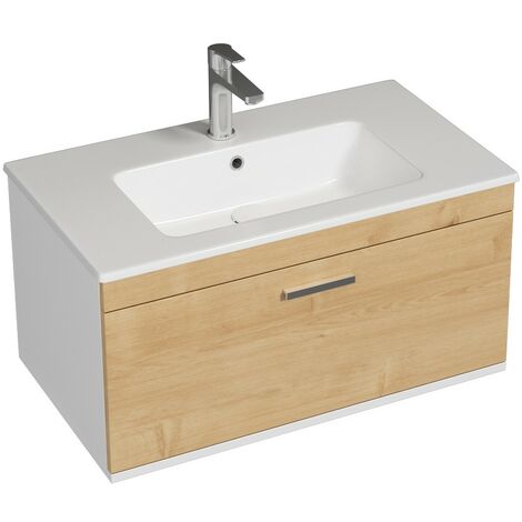 RUBITE Meuble salle de bain simple vasque 1 tiroir chêne clair largeur 80 cm