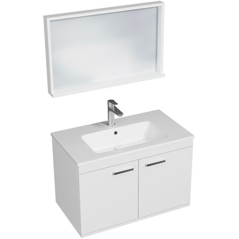 RUBITE Meuble salle de bain simple vasque 2 portes blanc largeur 80 cm + miroir cadre (1/4)