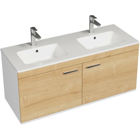 Saniverre – Meuble salle de bain double vasque 2 portes battantes – Chêne clair – 120 cm – Céramique blanche brillante – À suspendre