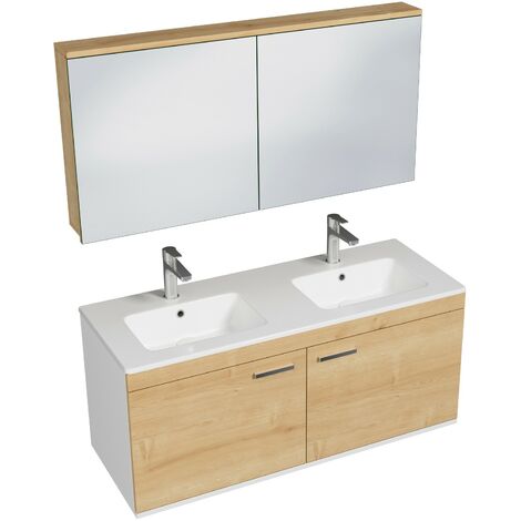 RUBITE Meuble salle de bain double vasque 2 portes chêne clair largeur 120 cm + miroir armoire