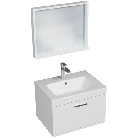 RUBITE Meuble salle de bain simple vasque 1 tiroir blanc largeur 60 cm + miroir cadre