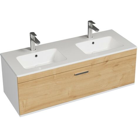 RUBITE Meuble salle de bain double vasque 1 tiroir chêne clair largeur 120 cm (1/4)
