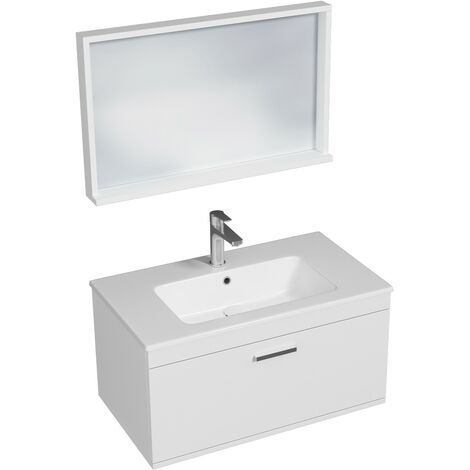 RUBITE Meuble salle de bain simple vasque 1 tiroir blanc largeur 80 cm + miroir cadre