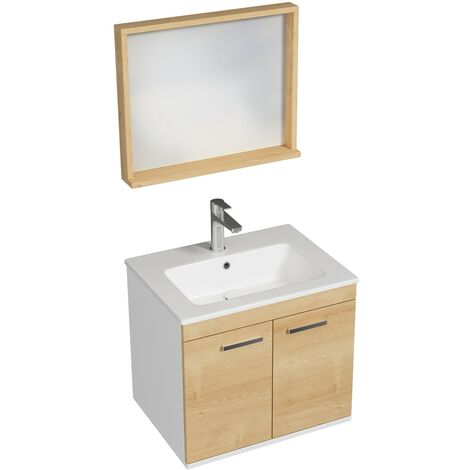 RUBITE Meuble salle de bain simple vasque 2 portes chêne clair largeur 60 cm + miroir cadre