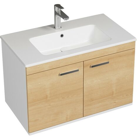RUBITE Meuble salle de bain simple vasque 2 portes chêne clair largeur 80 cm (1/4)