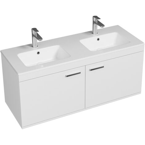 Saniverre – Meuble salle de bain double vasque 2 portes battantes – Céramique blanche brillante – Largeur 120 cm – Finition bois satiné