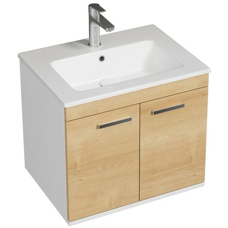 RUBITE Meuble salle de bain simple vasque 2 portes chêne clair largeur 60 cm