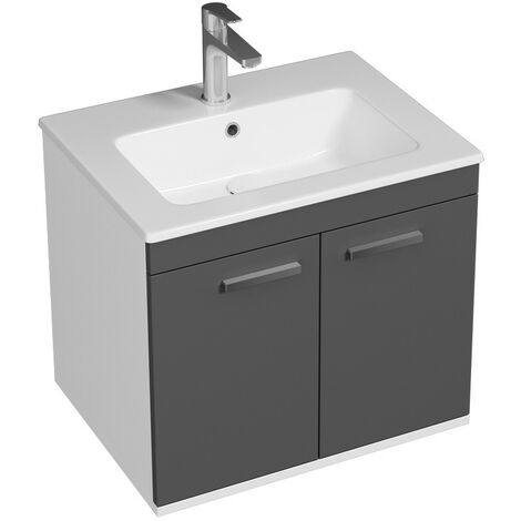 Saniverre – Meuble sous vasque simple 2 portes gris anthracite – Largeur 60 cm – Panneaux mélaminés – Finition bois satiné – Vasque céramique blanche (1/4)