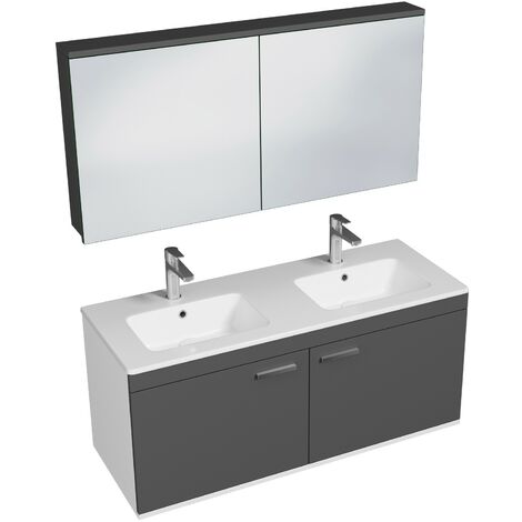 RUBITE Meuble salle de bain double vasque 2 portes gris anthracite largeur 120 cm + miroir armoire