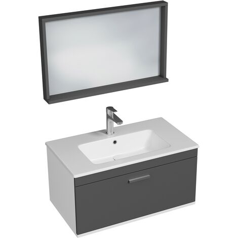 RUBITE Meuble salle de bain simple vasque 1 tiroir gris anthracite largeur 80 cm + miroir cadre