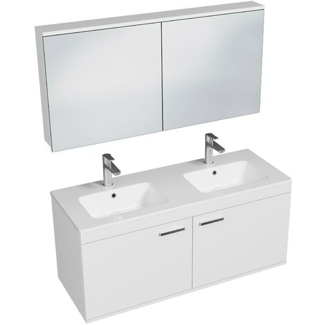 RUBITE Meuble salle de bain double vasque 2 portes blanc largeur 120 cm + miroir armoire