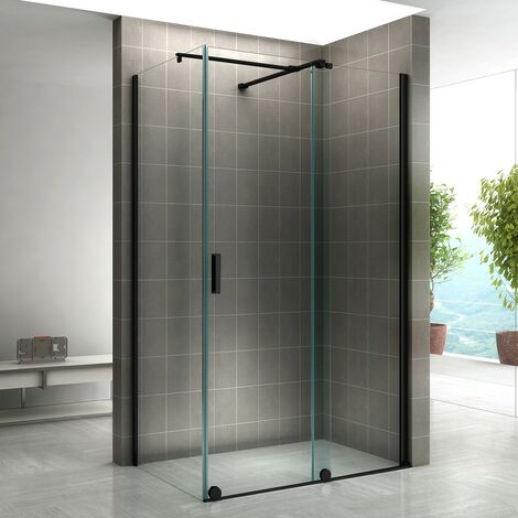 NAPOLI-BLACK Paroi de douche d'angle porte coulissante noire H. 200 cm verre 8 mm transparent 80 x 130 cm (porte 130) (1/5)