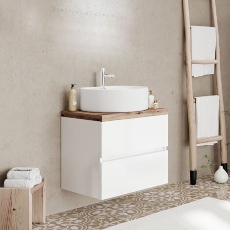 CITY Meuble simple vasque à poser 2 tiroirs Blanc & plan chêne naturel largeur 60 cm