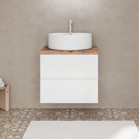 CITY Meuble simple vasque à poser 2 tiroirs Blanc & plan chêne naturel largeur 60 cm