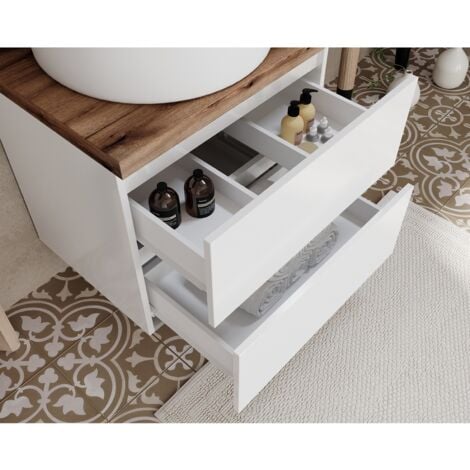 CITY Meuble simple vasque à poser 2 tiroirs Blanc & plan chêne naturel largeur 60 cm