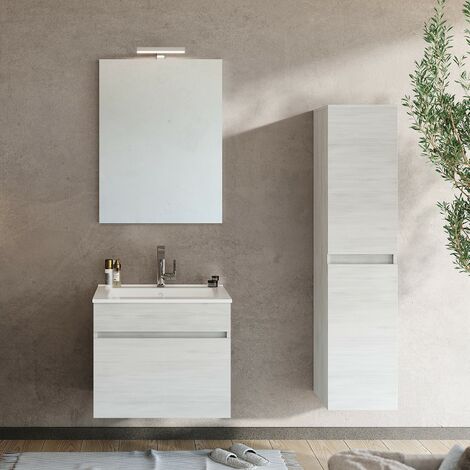 BOGOTA Meuble salle de bain simple vasque 1 tiroir Chêne blanc largeur 60 cm + miroir + colonne (1/5)
