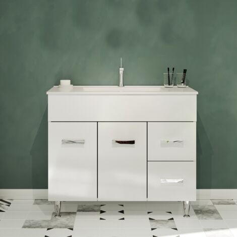 Saniverre – Meuble salle de bain sur pieds avec vasque simple 100 cm – MDF blanc brillant – 4 pieds ABS chromés réglables – Trop plein inclus