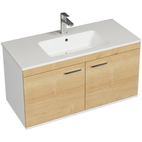 RUBITE Meuble salle de bain simple vasque 2 portes chêne clair largeur 100 cm