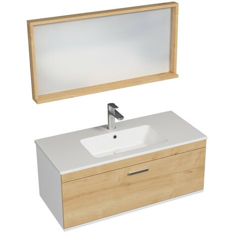 RUBITE Meuble salle de bain simple vasque 1 tiroir chêne clair largeur 100 cm + miroir cadre