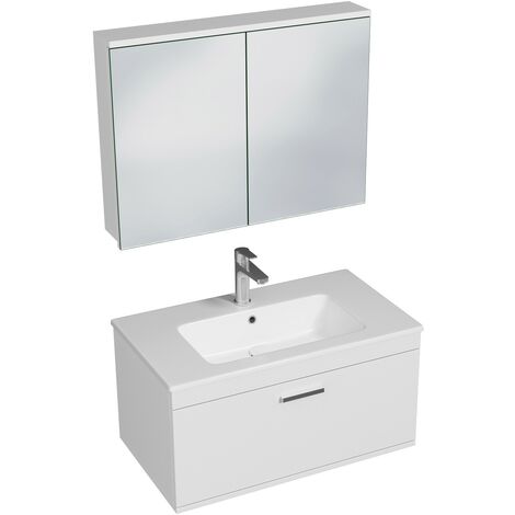 RUBITE Meuble salle de bain simple vasque 1 tiroir blanc largeur 80 cm + miroir armoire