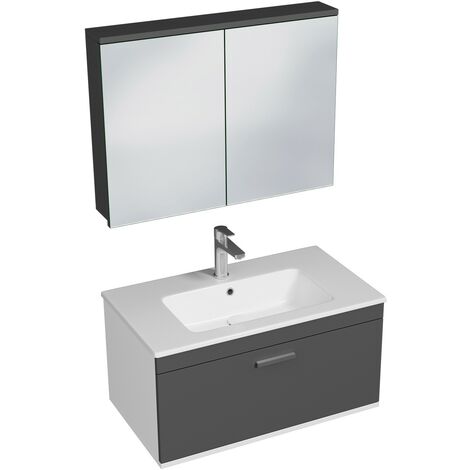 RUBITE Meuble salle de bain simple vasque 1 tiroir gris anthracite largeur 80 cm + miroir armoire