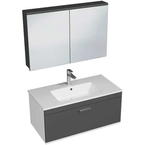RUBITE Meuble salle de bain simple vasque 1 tiroir gris anthracite largeur 100 cm + miroir armoire