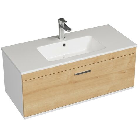 RUBITE Meuble salle de bain simple vasque 1 tiroir chêne clair largeur 100 cm