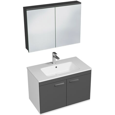 RUBITE Meuble salle de bain simple vasque 2 portes gris anthracite largeur 80 cm + miroir armoire