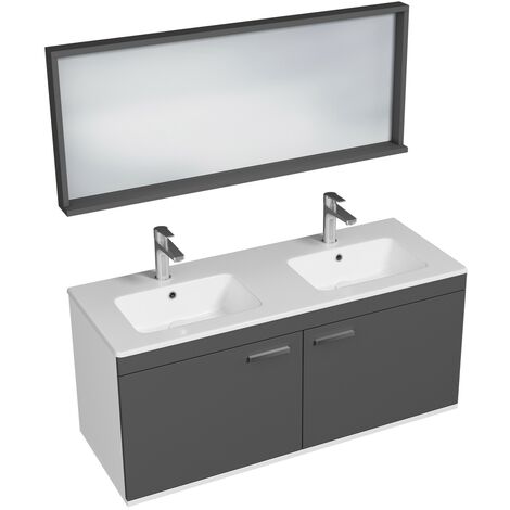 RUBITE Meuble salle de bain double vasque 2 portes gris anthracite largeur 120 cm + miroir cadre