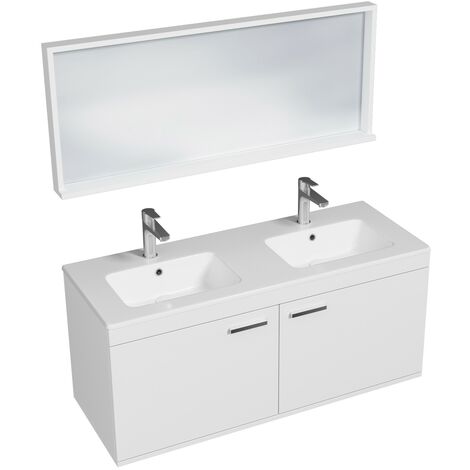 RUBITE Meuble salle de bain double vasque 2 portes blanc largeur 120 cm + miroir cadre
