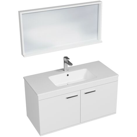 RUBITE Meuble salle de bain simple vasque 2 portes blanc largeur 100 cm + miroir cadre